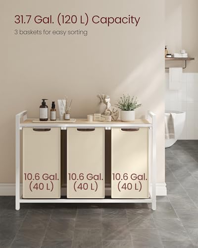 Image of VASAGLE Laundry Hamper, Laundry Basket Sorter with 3 Pull-Out and Removable Bags, Shelf, Metal Frame, 3 x 10.6 Gallons (40 L), 36.4 x 13 x 28.4 Inches, Cappuccino Beige and Natural Beige UBLH301LH01