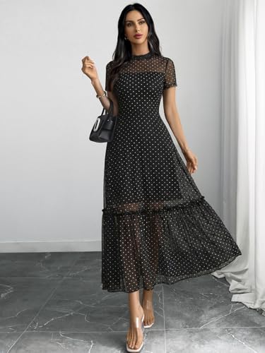 Image of GothDark Women's Summer Floral Mesh Ruffle Dress Short Sleeve Round Neck Waist Cinched Casual Maxi Wedding Guest Dresses