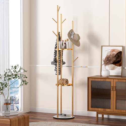 funrautz Perchero de pie con estantes de almacenamiento y ganchos, perchero vertical para ropa, sombreros, bolsos, chaqueta, para sala de estar, dormitorio, hogar, oficina, color dorado