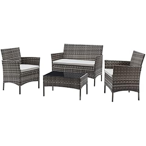 TMEE Rattan Garden Outdoor Furniture Set 4 Seaters Patio Conversation 4 Pcs PE Wicker Sofa Chairs with Cushions and Coffee Table for Poolside Backyard Balcony, Mixed Grey Cover