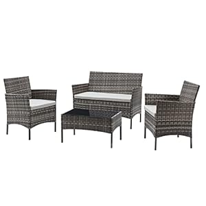 TMEE Rattan Garden Outdoor Furniture Set 4 Seaters Patio Conversation 4 Pcs PE Wicker Sofa Chairs and Coffee Table for Poolside Backyard Balcony, Mixed Grey