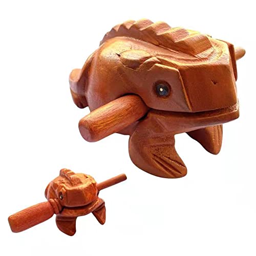 Percussion Musical Instrument Wood Frog, 2pc Set of Large 6 inch and 2.5 inch Natural Wood Frog Guiro Rasp, Wooden Musical Instrument Tone Block