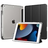 TiMOVO iPad 9/8/7世代 ケース ipad 第9世代/第8世代/第7世代 10.2インチ 半透明 ハードカバー PCバック ペンホルダー付き PUレーザー ブックカバータイプ 三つ折り スタンド マグネット オートスリープ 耐衝撃 軽量 落下防止 精密設計 着脱簡単 ブラック