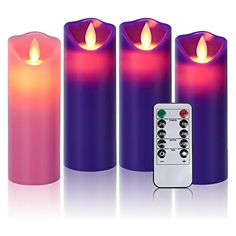 Pandaing Christmas Products 3 Purple and 1 Pink Battery Operated Flameless Advent Candles with Remote Control and Timer Cover