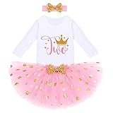 Baby Mädchen Zweiter 2. Geburtstag Partykleid Baumwolle Langarm Body Strampler Golden Gepunktet Tutu Prinzessin Rock Pailletten Bowknot Stirnband 3tlg Fotoshooting Bekleidungsset Rosa - Two 2 Jahre