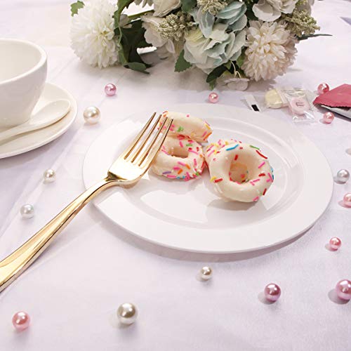 Wellife 200 Pieces White Plastic Dessert Plates With Gold Disposable Forks, Premium Hard Plastic Dessert Plates 7.5”, Appetizer Plastic Plates For Wedding And Party #TOP3