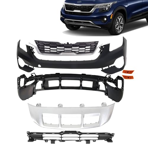 JZPARTFIT Front Bumper Cover Kit Compatible with 2021-2023 Kia Seltos LX Grille Grill & Lower Skid Plate Valance & Upper Lower Bumper Cover With Side Marker Light Assembly KI1036173 86350Q5000