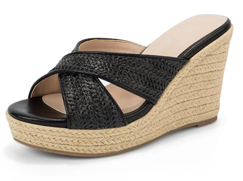 Image of Women's Wedge Platform Sandals - Stylish Raffia Woven Espadrilles Summer Sandals Women's Open Toe Buckle Ankle Wedge Heels