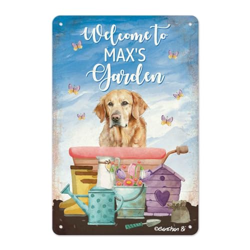 Ganshan Bi Spring Summer Chesapeake Bay Retriever Metal Sign Welcome to Dog Garden Butterflies Tin Sign Outdoor Home Farmhouse Decor Custom Dog Father Mom Gift 12X8 Inch