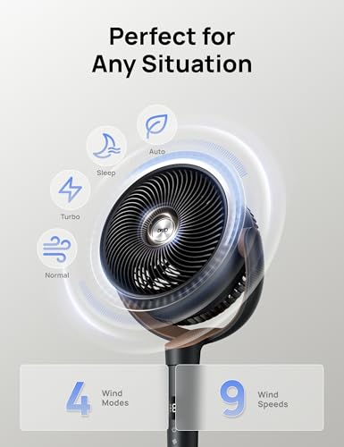 Image of DREO Fan for Bedroom, 120 Oscillating Standing Fan, Quiet Floor Fan with DC Motor, Pedestal Fan for Room, 9 Speeds, 4 modes, 120 Manual Vertical, 37-42 inch Adjustable Height, 9H Timer, Dark Gray