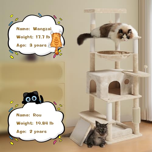 Image of Large Multi-Level Cat Tree, 66 Inches Tall Cat Tower with Scratching Posts, Condo, Hammock, Dangling Ball, and Extended Platform for Cats to Play and Sleep,Beige Cat Bed