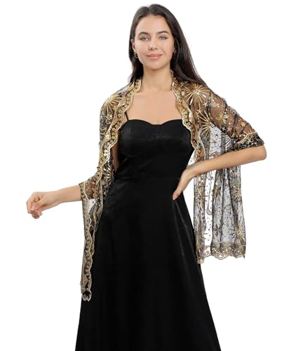 OurLore Women's Glittering 1920s Shawl Scarf Mesh Sequin Wedding Bridal Cape Fringed Evening Wraps Shawls2