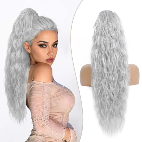 Mairead Drawstring Ponytail Extension for Women 26 Inch Long Wavy Hair Pony tail Extensions Halloween Multi Layered Clip in Ponytail Soft Natural Synthetic Silver Grey to White