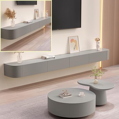 Meuble TV flottant gris 140cm avec tiroirs de rangement et support routeur