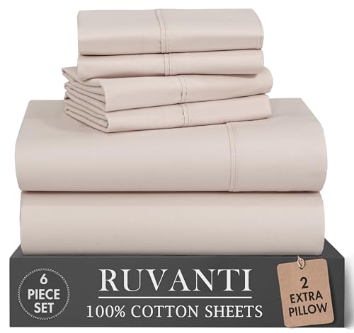 RUVANTI 100% Cotton Percale Sheets Queen Size, Soft Beige