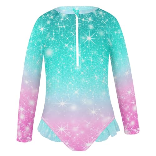 Glitter Teal Pink Girls Long Sleeve One-Piece Swimsuit UV Protection Swimwear Bathing Suit 208620362