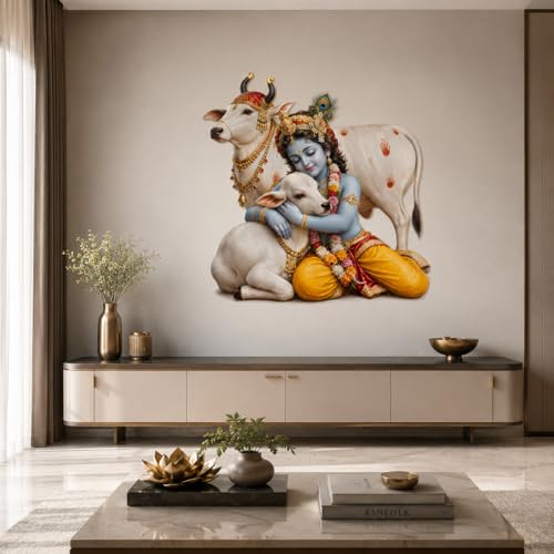 Image of Rangoli Krishna Cow Wall Sticker Self-Adhesive 16 x 16 Inch Waterproof Wall Decor for Living Room Bedroom Office Divine Love Krishna Wall Decal