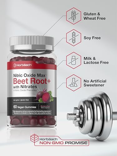 Image of Horbaach Nitric Oxide Beet Root Gummies | 60 Chews | with Nitrates, Vitamin C & Black Pepper | for Men & Women | Strawberry Flavor | Vegan, Non-GMO, Gluten Free Supplement