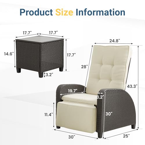 Green4ever Outdoor Patio Recliner with Adjustable Backrest and Footrest, All-Weather Wicker Patio Chair with Side Table, 160° Lay Flat Patio Reclining Lounge Chair for Garden Backyard, Beige by Green4ever - Image 2