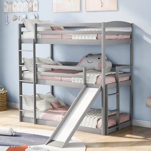 Triple Bunk Bed Twin Triple Beds with Slide, Wood Bunk Bed for 3 Kids, Boys, Girls, Can be Divided Into Separate Beds, Gray