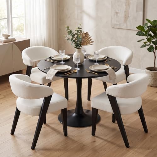 Mid Century Modern Dining Chairs with Arms Set of 4, Upholstered Kitchen & Dining Room Chairs, Barrel Backs/Black Solid Wood Legs, Comfortable Accent Chairs for Living Room, Chenille White