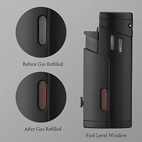 Pipita Torch Lighter Windproof Triple Jet Flame Butane Lighter With Punch Refillable Zinc Alloy Lighter, Color Change Design Of Visual Gas Window (Butane Not Included) (Black) #TOP1