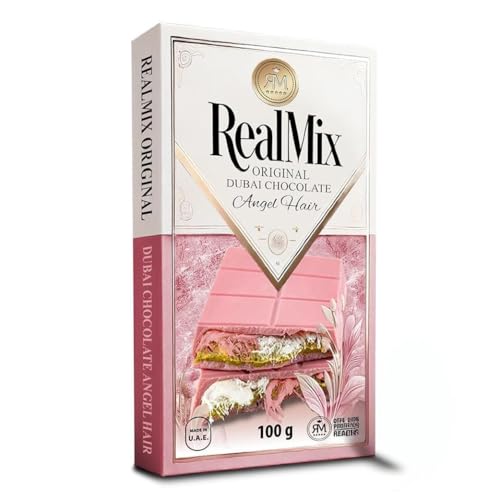 REALMIX Chocolate Rosa directamente desde Dubái EAU | Auténtico chocolate de Dubái con aroma de frambuesa, relleno de algodón de azúcar, pistachos y kadaïf | Fabricado en Dubái E.A.U. | 100 g