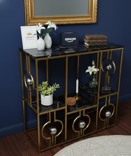 Image of Console Table with Storage, Modern Engineered Wood, Gold Metal Frame with Decorative Spheres, 30x30x7.5 Inch (Black Gold)