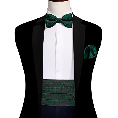 Image of Barry.Wang Men Silk Paisley Cummerbund and Pre-tied Bowtie Handkerchief Cufflink Set for Tuxedo
