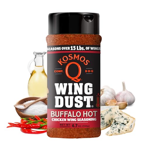 Kosmos Q Hot Buffalo Wing Dust, Spicy Chicken Wing Seasoning Powder for Wings, Popcorn, Fries & More, Bold Buffalo Flavor with Cayenne, Garlic, Blue Cheese, Dry Rub Dust for Grilling, 4.7 Oz Shaker