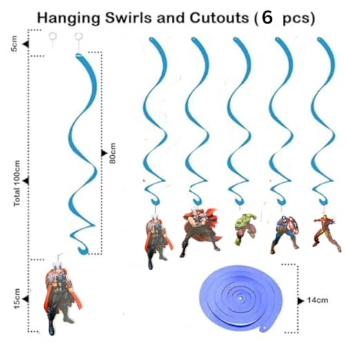 Image of Wanna Party Avenger Hanging Swirl Decorations - Foil Superhero Hanging Swirls 6 PCS for Kids Superhero Party
