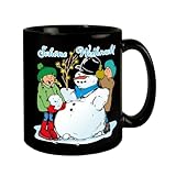 Schneemann Tasse in Schwarz mit Spruch: Schöne Weihnacht Lustiger Büro-Becher für weihnachtlichen Kaffeegenuss