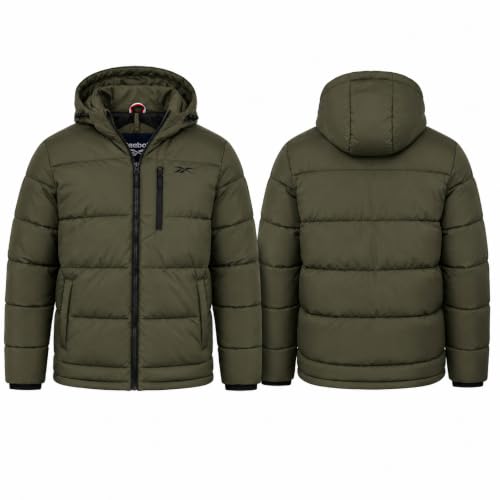 Image of Reebok Mens Quilted Puffer Jacket, Weather Resistant Hooded Winter Coat