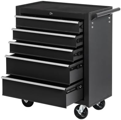5-Drawer Rolling Tool Chest w/Lock & Key, Tool Storage Cabinet with Wheels, Top Cushion & Drawer Liners, Tool Organizer Box for Garage, Warehouse & Repair Shop