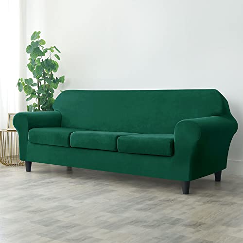 Obcreat 4 Pieces Sofa Slipcover Stretch Velvet Sofa Covers For 3 Cushion Couch Soft Couch Cover With Elastic Bottom Non Slip Furniture Protector For Pets Kids (Green, Large) #TOP1