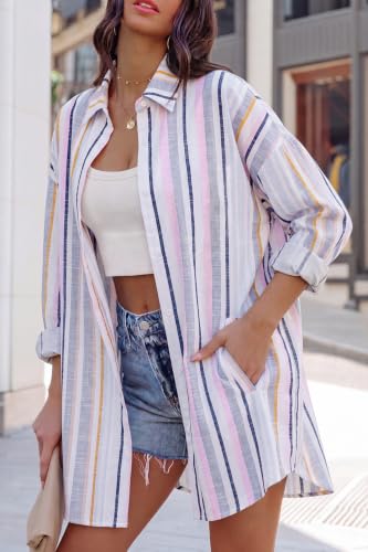 Image of FSHAOES Womens Oversized Button Down Shirts Casual Loose Long Sleeve Solid Lapel Long Blouses Tops with Pockets