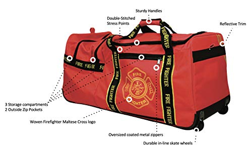 OccuNomix OK-6565001 Large Gear Bag with Wheels, "Firefighter" Woven In Reflective Trim Along Bag Straps, Maltese Cross Logo, 3 Compartments with 2 Outside Zip Pockets, 29" x 17" x 16", Red
