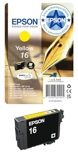 Epson 16XL Stylo Plume Jaune, Cartouche d'encre d'origine XL Haute capacité, WF-2010W WF-2510WF WF-2520NF WF-2530WF WF-2540WF WF-2630WF WF-2650DWF WF-2750DWF WF-2660DWF WF-2760DWF