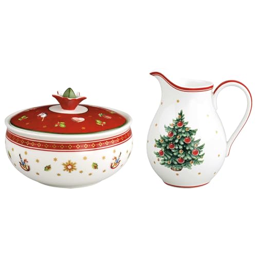 Villeroy & Boch Toy's Delight melk- en suikerset, melkkannetje (500 ml) en suikerpot (420 ml), serveerservies met kerstdecoratie, premium porselein, rood-wit