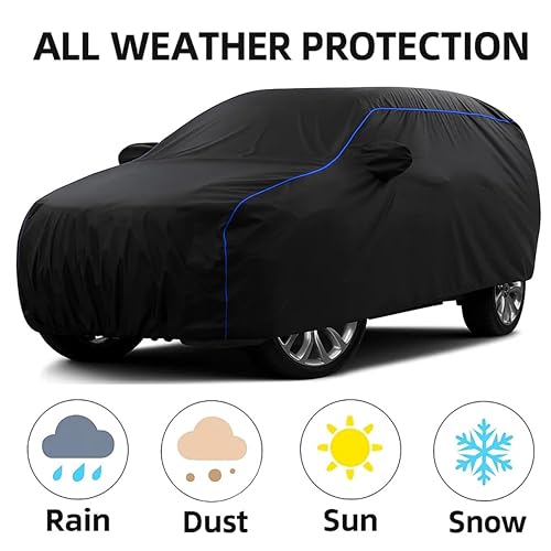 Image of Sulfar 100% Water Resistant Car Body Cover Compatible with Mirror for Maruti Suzuki Ertiga (Triple Stitched, Full Bottom Elastic, Black Tafetta with Blue Piping)