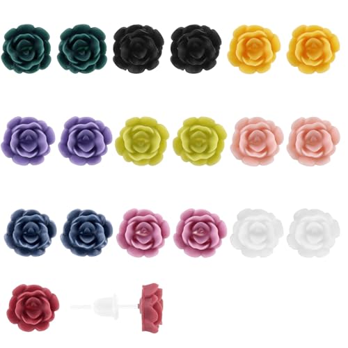 Mikovivi 10 Paires de Boucles d'Oreilles Roses en Plastique, Couleurs Assorties Jolies Boucles d'Oreilles à Tige en Forme de Fleur Bijoux Floraux Légers pour...