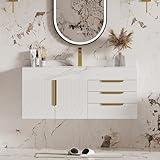 Esthétique Épurée : Ce meuble vasque salle de bain de 90 cm se fixe au mur pour libérer l'espace au sol, offrant un look aérien et facilitant le nettoyage de votre pièce. Son design blanc immaculé avec poignées dorées apporte une luminosité immédiate et une touche de luxe à votre intérieur.