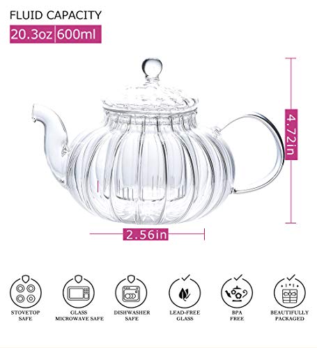 IwaiLoft NEW Glass Teapot with Infuser, Stovetop Safe Tea Kettle, Blooming and Loose Leaf Tea Maker IW-G016 (20OZ, Pumpkin)