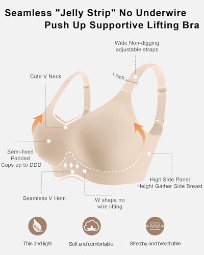 Image of HORISUN Seamless Bras Full Coverage Wireless Push Up Bra for Women No Underwire Comfort V Neck Bralettes with Support
