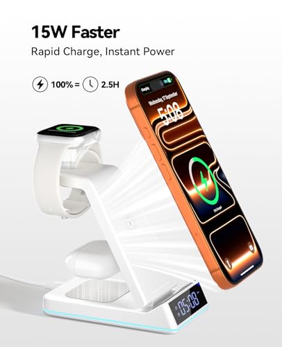 Image of 2026 Upgraded Wireless Charging Station, 7 in 1 Wireless Charger Station Foldable Charger Stand with Night Light /Alarm Clock for iPhone 17-12 Pro Max Plus, Apple Watch, AirPods Gifts for Fathers Day