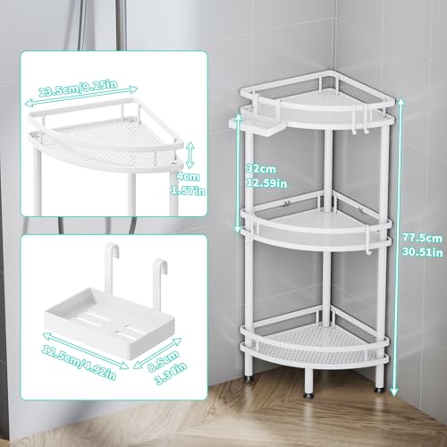 Image of HapiRm Standing Corner Shower Caddy - 3 Tier Shower Organizer Corner with Soap Holder and 4 Hooks, Rustproof Bathroom Storage Shelves with Adhesives, White