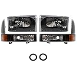 TRQ 2 Piece Headlight Assembly Set Performance Halogen Black Bezel Driver & Passenger Side Compatible with Ford Excursion 2000-2004 F250 F350 1999-2004 F450 F550 1999-2003
