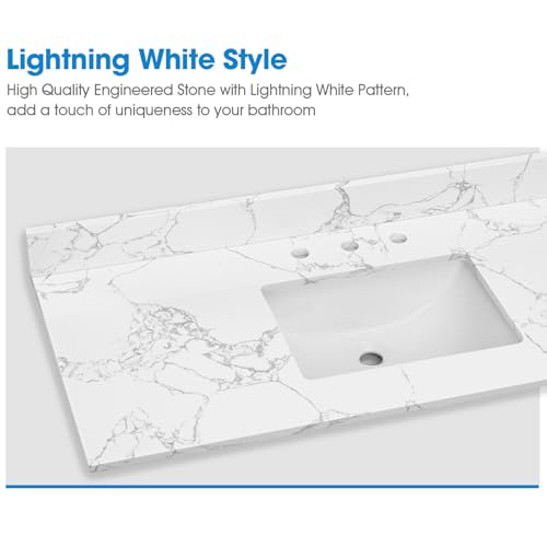 EQLOO 48 Inch Engineered Stone Bathroom Vanity Sink Top, with Undermount Rectangular Middle Sink, Vanity Countertop with 8 inch Faucet Hole Spacing and Backsplash in Lightning White - Thumbnail 4