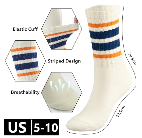 Image of BomKinta Striped Crew Socks Women - Retro Novelty Socks - Stretchy Casual Athletic Cotton Gifts Sock Size 5-10