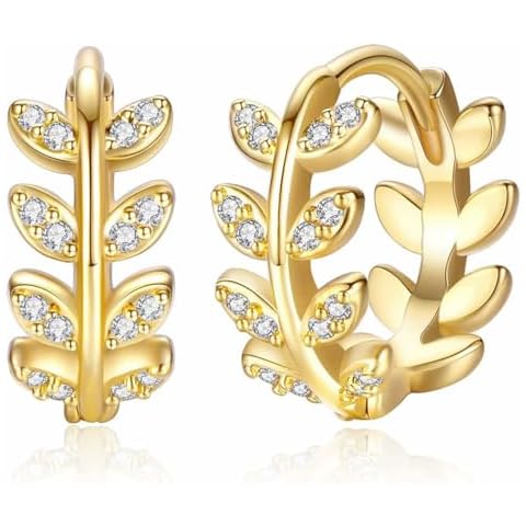 GLOQUAT Olive Leaf with Zirconia Huggie Hoop Earrings 18K Gold Plated Hypoallergenic Lightweight Hoop Earrings Cubic Zirconia Cuff Earrings Huggie Stud Jewelry Gifts 10mm Cover